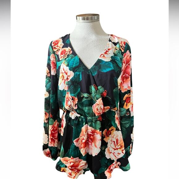 SHOW ME YOUR MUMU Romper Rocky Long Sleeve Floral Rose Black Pink Size Small - Picture 2 of 6